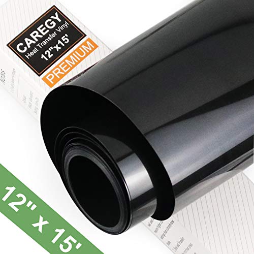 Product Cover HTV Iron on Vinyl 12inch x15 Feet Roll by CAREGY Easy to Cut & Weed Iron on Heat Transfer Vinyl DIY Heat Press Design for T-Shirts Glossy Black