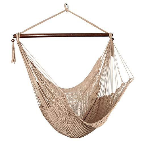 Product Cover Bathonly Large Caribbean Hammock Hanging Chair with-Soft Spun Cotton Rope Hanging Chair, Swing Chair, with Wood Bar for Indoor/Outdoor Garden & Living Room
