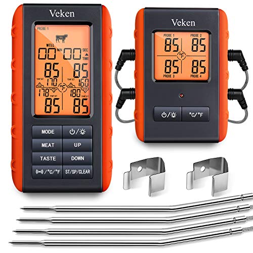 Product Cover Veken Meat Thermometer for Grilling, BBQ Wireless 4 Probe Remote, Instant Read Digital Cooking Grill Thermometer, Food Thermometer for Oven & Smoker & Roasting, 490 Feet