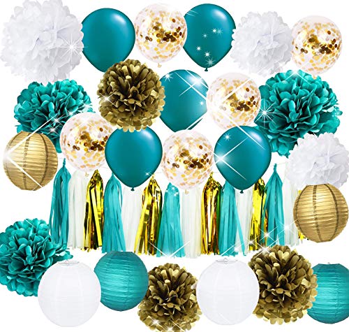 Product Cover Furuix Teal Gold Teal Gold Birthday Party Decorations Gold Confetti Latex Balloons Teal Balloons Tissue Pom Poms Tassel Garland Gold Teal Baby Shower Wedding Bridal Shower Decorations Teal Engagement