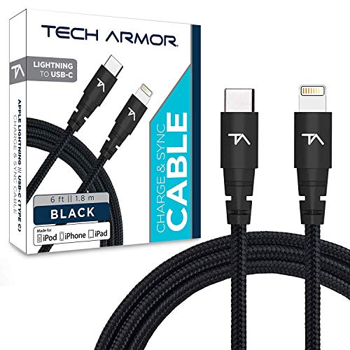 Product Cover Tech Armor Apple MFi Certified 6 FT USB C to Lightning Sync/Charge Cable Compatible with iPhone, iPad, MacBook and iPod, Supports Fast Charge (with Type C Chargers), Black [1 - Pack]