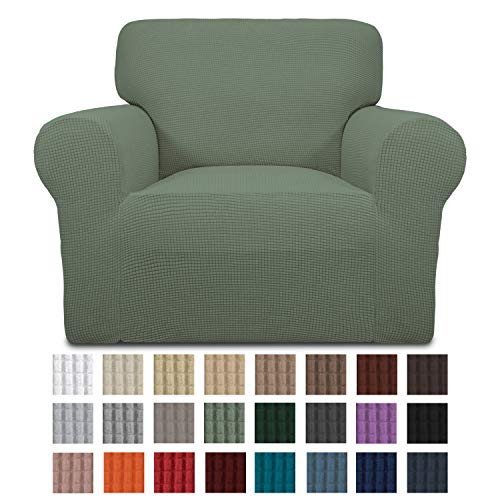 Product Cover Easy-Going Stretch Chair Sofa Slipcover 1-Piece Couch Sofa Cover Furniture Protector Soft with Elastic Bottom for Kids. Spandex Jacquard Fabric Small Checks(Chair,Greyish Green)
