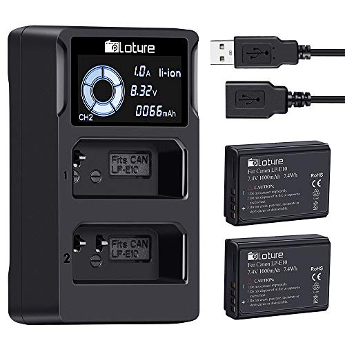Product Cover LP-E10 2-Pack Replacement Battery,Ploture Camera Battery Charger Set for Canon EOS Rebel T3, T5, T6, T7,Kiss X50, Kiss X70, EOS 1100D, EOS 1200D, EOS 1300D, EOS 2000D Digital Camera(1000mAh,)