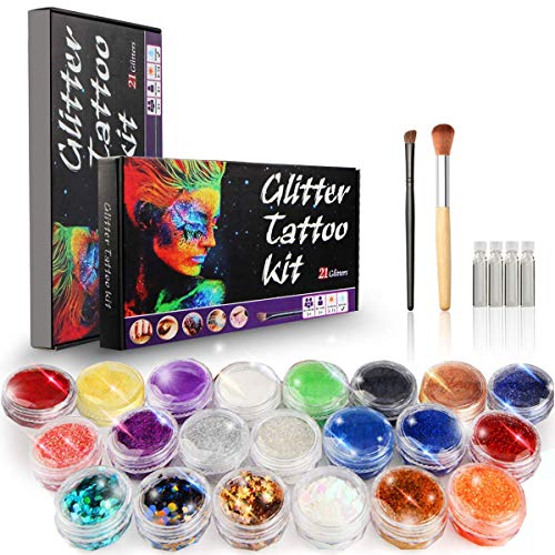 Product Cover Glitter Tattoo Kit, Nunalisa Gillter Shimmer Body Art 21 Colors Temporary Tattoo Make Up Body Glitter Dust Powder Mermaid Flakes Holographic Nail Sequins for Festival Body Paint Non-toxic