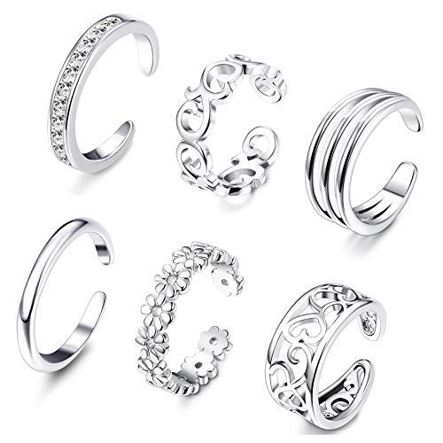 Product Cover FUNRUN JEWELRY 6PCS Adjustable Toe Ring for Women Girls Open Tail Ring Band Hawaiian Foot Jewelry (Silver Tone)