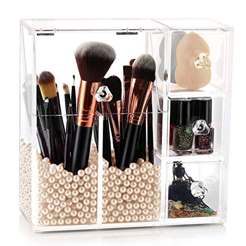 Product Cover hblife Makeup Brush Holder, Acrylic Makeup Organizer with 2 Brush Holders and 3 Drawers Dustproof Box with Free Beige Pearl