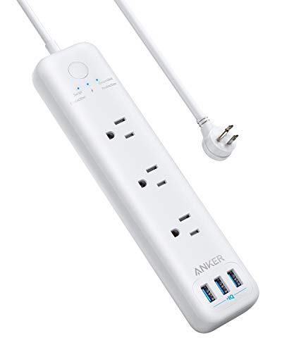 Product Cover Power Strip with USB, Anker 3-Outlet & 3 PowerIQ USB Power Strip Surge Protector, PowerPort Strip 3 with 5 Foot Long Extension Cord, Flat Plug, Safety Shutter, for Home, Office (300 J)