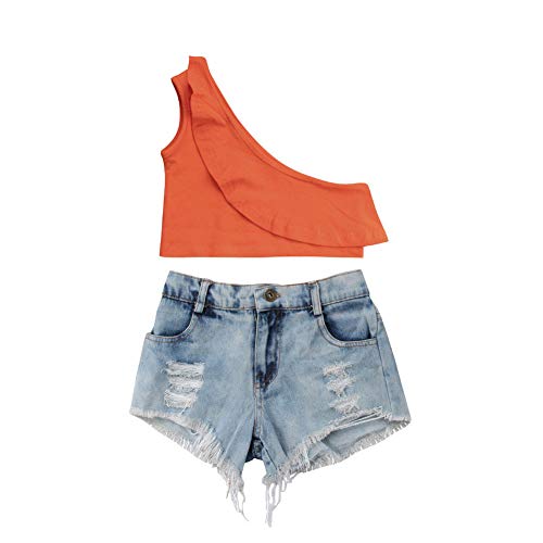 Product Cover 2PCS Toddler Baby Girl Summer Outfit One Shoulder T-Shirt Tops+Frayed Hem Ripped Denim Shorts Clothes Set