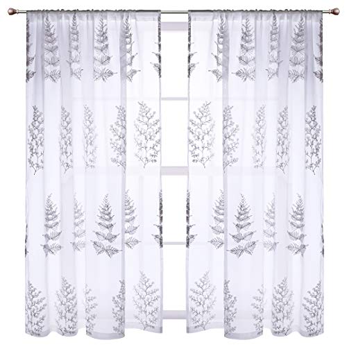Product Cover 1 Pair Tree Sheer Curtains Voile Window Panel Embroidery Floral Drapes Rod Pocket Home Decorative for Living Room, Bedroom, Sliding Door, 54 x 84 inch (Gray)