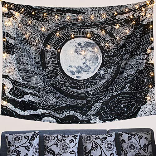 Product Cover Accnicc Moon and Star Tapestry Wall Hanging Tapestries Black & White Wall Blanket Wall Art for Living Room Bedroom Home Decor (Black, 50''x 60'')