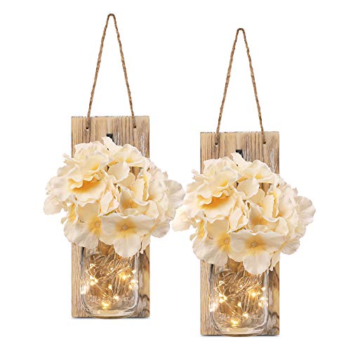 Product Cover HOMKO Decorative Mason Jar Decorations with 6-Hour Timer LED Fairy Lights and Flowers - Rustic Home Decor (Set of 2)