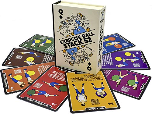 Product Cover Stack 52 Exercise Ball Fitness Cards. Swiss Ball Workout Playing Card Game. Video Instructions Included. Bodyweight Training Program for Balance and Stability Balls. (2019 Updated Deck)