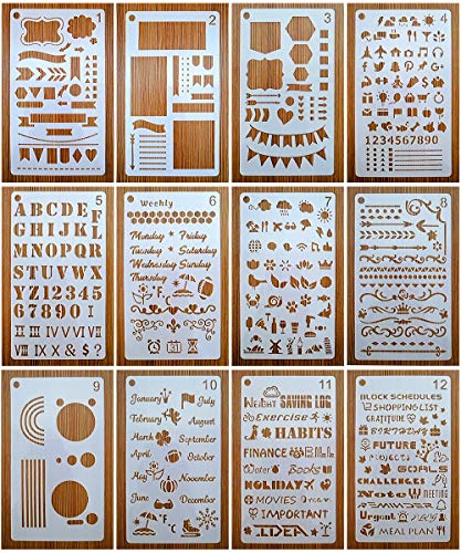 Product Cover Bullet Stencils Set, Journal Planner Stencils 12 Pack for A5 Notebook & Most Journals, Includes Letter Stencil, Number Stencils, Drawing Stencils, Icons, Charts, Shapes & More Templates for Bujo