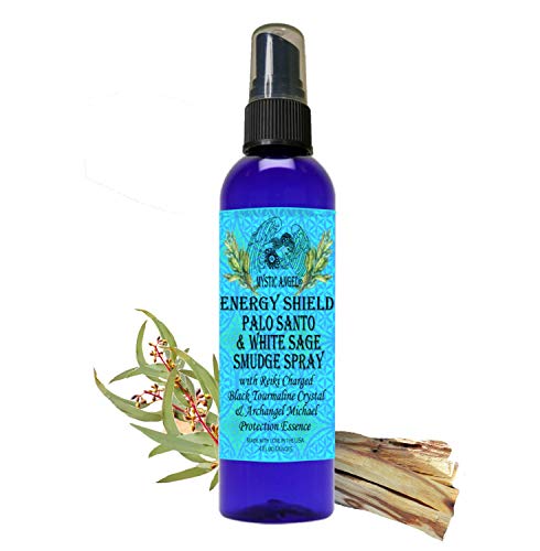 Product Cover Energy Shield Palo Santo & White Sage Smudge Spray (4 oz.) with with Reiki Charged Black Tourmaline Crystal & Archangel Michael Protection Essence, Shields against EMFs, Psychic Attacks, Night Terrors