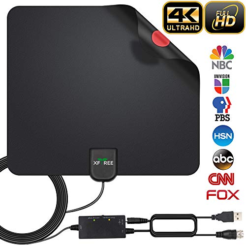 Product Cover HDTV Antenna, 2019 Newest Indoor Digital TV Antenna 130 Miles Range with Amplifier Signal Booster 4K HD VHF UHF Freeview for Life Local Channels Support All Television -16.5ft Coax Cable