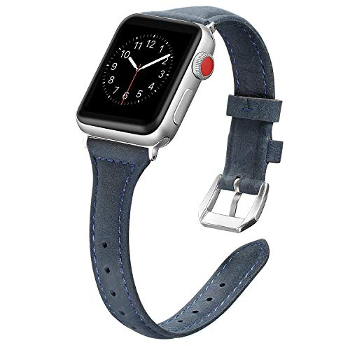 Product Cover Secbolt Leather Bands Compatible Apple Watch Band 38mm 40mm Stainless Steel Buckle Replacement Slim Wristband Sport Strap IwatchSeries 5 4 3 2 1, Navy Blue