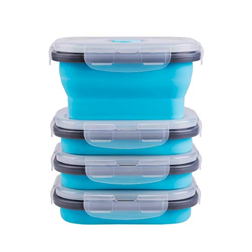 Product Cover Collapsible Food Storage Containers with Airtight Lid and Vent Valve, Stacking Silicone Collapsible Storage Containers for Food, Microwave & Freezer & Dishwasher Safe, Blue, Small, Set of 4