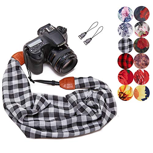 Product Cover Camera Strap Scarf Vintage Plaid Fabric DSLR Universal Neck Shoulder Belt for Women by Deanoy(Gray)
