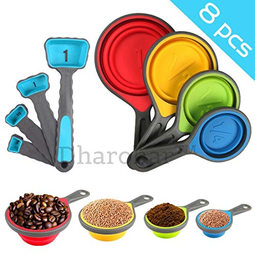 Product Cover DharoharTM Collapsible Measuring Cups & Spoons Set for Cooking and Baking, BPA Free Silicone Space Saving Kitchen Utensils, Accurate Measurements for Liquid and Dry Ingredients, 8 Piece Set
