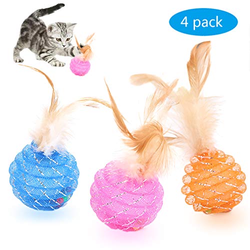 Product Cover Fun Meows Interactive Cat Ball Toys with Feather,The Best Brightly Colored Cat Toys with Bells,Health Sport for Your Cat.Hour of Entertainment,Safe for Your Kitty,Pack of 4