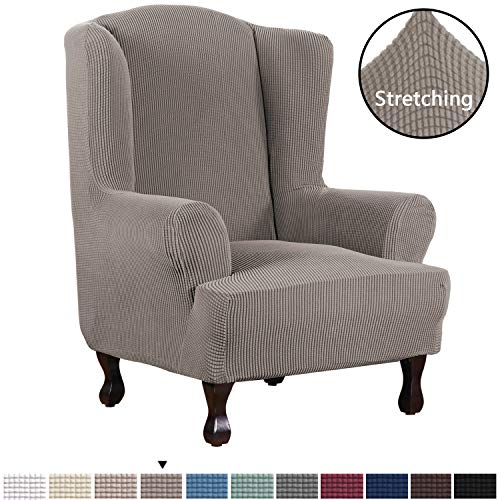 Product Cover H.VERSAILTEX 1 Piece Super Stretch Stylish Furniture Cover/Wingback Chair Cover Slipcover Spandex Jacquard Checked Pattern, Super Soft Slipcover Machine Washable/Skid Resistance (Wing Chair, Taupe)