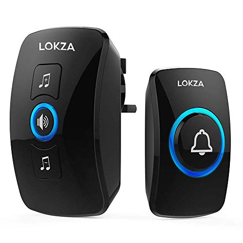 Product Cover Lokza Wireless Doorbell Door Bell Chime Kit with LED Light, 1 Receiver and 1 Push Button Operating at 820-feet Range with 32 Chimes (Black)