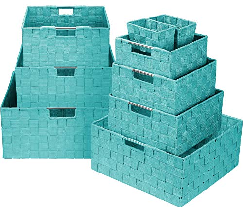 Product Cover Sorbus Storage Box Woven Basket Bin Container Tote Cube Organizer Set Stackable Storage Basket Woven Strap Shelf Organizer Built-in Carry Handles (Aqua)