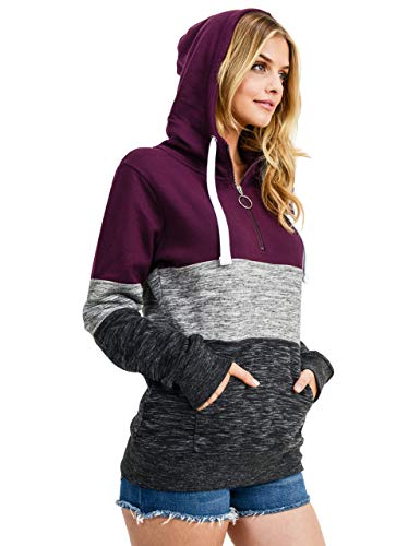 Product Cover Women's Ultra Soft Fleece Tri-Color Block 1/4 Zip-Up Pullover Hoodie Sweatshirt, Plum, Medium