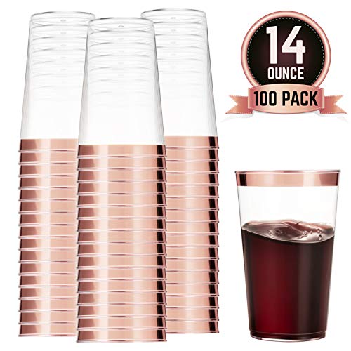 Product Cover 100 Rose Gold Plastic Cups 14 Oz Clear Plastic Cups Tumblers Rose Gold Rimmed Cups Fancy Disposable Wedding Cups Elegant Party Cups with Rose Gold Rim