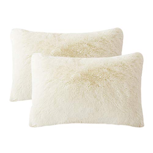 Product Cover LIFEREVO 2 Pack Shaggy Plush Faux Fur Pillow Shams Fluffy Decorative Pillowcases Zipper Closure (Standard Queen Light Beige)