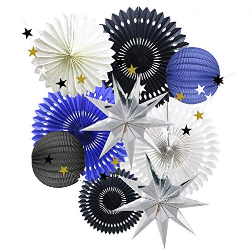 Product Cover Hanging Party Decoration Supplies Set of Tissue Paper Fans Star Garland Paper Lanterns for Graduation Wedding Anniversary Birthday Backdrop Decoration (Navy Blue White Black)