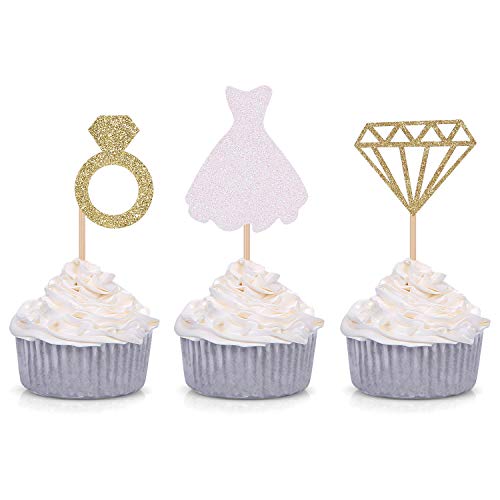 Product Cover Set of 24 Glitter Diamond Ring Wedding Dress Cupcake Toppers for Engagement Bridal Shower Decorations (Gold)