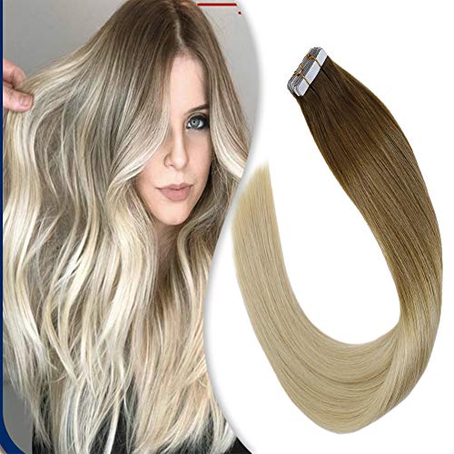 Product Cover YoungSee 14inch Tape in Hair extensions Balayage #6 Medium Brown to #613 Bleach Blonde Seamless Remy Tape in Hair Extensions Human Hair for Women 20pcs 50gram