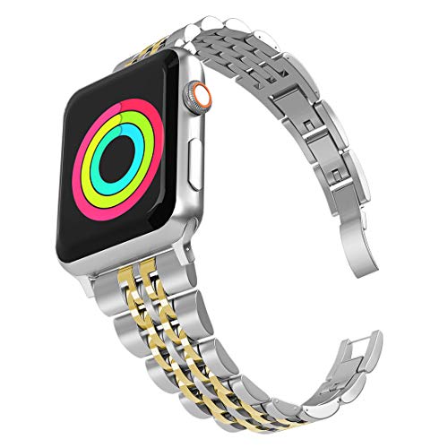 Product Cover Aizilasa Band Compatible with Apple Watch 44mm Series 5/4 and 42mm Series 3/2/1 for iWatch Bands Women Men Stainless Steel Bracelet Adjustable Metal Strap Wristbands (Silver&Gold-42mm/44mm)