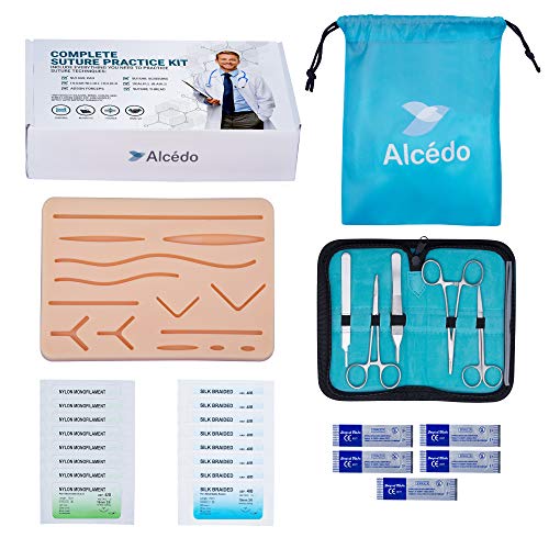 Product Cover Suture Practice Kit for Medical Students by Alcedo | Include Durable Large Suturing Pad with Pre-Cut Wounds, Tools Kit, and Suture Threads (28 Pieces) | Perfect for Practice, Demonstration, Teaching