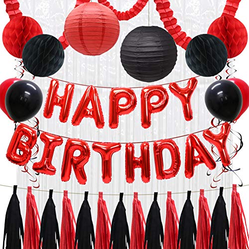 Product Cover Happy Birthday Balloons Decorations Banner, Red Black Paper Tissue Tassels, Party Balloons, Paper Lanterns, Honeycomb Balls, Hanging Party Swirls, Foil Fringe Curtains, Clover Garland