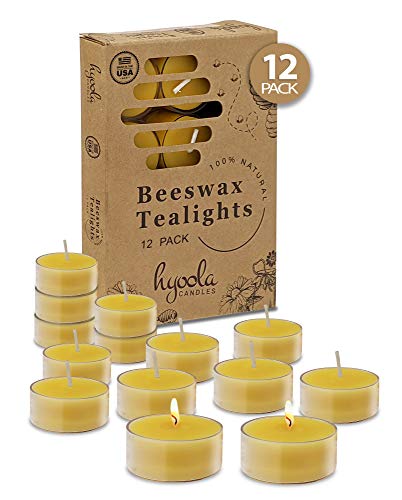 Product Cover Hyoola Pure Beeswax Tea Lights - 12 Pack - Handmade Decorative Unscented - Tealight Candles - 4 Hour Burn Time, Clear Cup