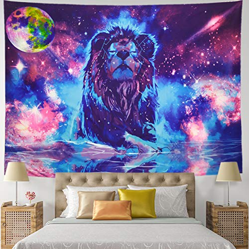 Product Cover Starry Fantasy Lion Tapestry Moon Lion Wall Tapestry Psychedelic Constellation Wall Hanging Indian Hippie Colorful Leo Universe Galaxy Tapestry
