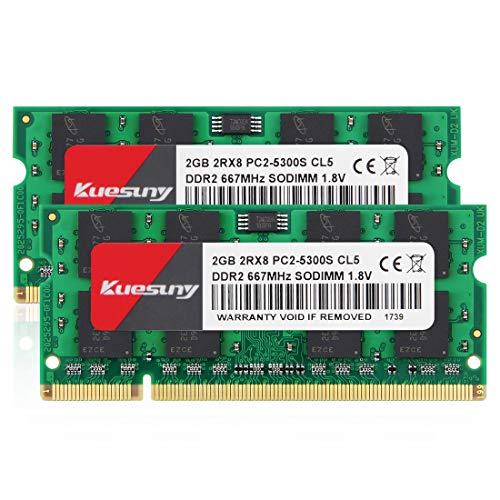 Product Cover 4GB Kit (2GBX2) DDR2 667 sodimm RAM, Kuesuny PC2-5300 / PC2-5300S CL5 200-Pin Non-ECC Unbuffered Notebook Laptop Memory Modules