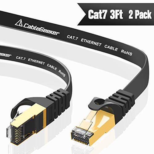 Product Cover CableGeeker Cat7 Ethernet Cable 3ft 2 Pack (30 AWG High Speed Cable) Flat Cat7 Shielded Ethernet Cable Support Cat5/Cat6 Network,600Mhz,10Gbps - Black Computer Cord for Router Xbox Modem