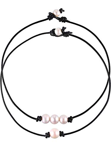Product Cover Zlato 2 Pieces Single Freshwater Pearl Necklace and 3 Freshwater Pearl Beads Choker on Black Leather Cord for Girls Women