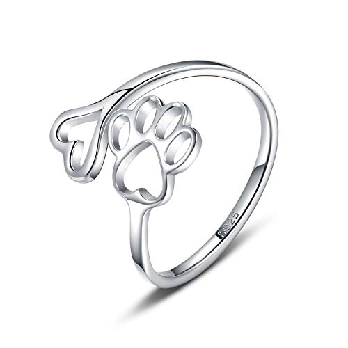 Product Cover Pet Lovers Paw Print Love Heart 925 Sterling Silver Ring Open Adjustable Ring Pet Animal Jewelry Creative Pierced Love Dog Cat Claw Ring