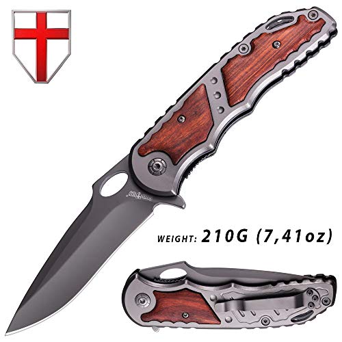 Product Cover Knife - Folding Knife - EDC and Tactical Pocket Knife Stainless Steel Blade with Wooden Handle and Metal Clip - Best Hunting Knife - Grand Way 97010