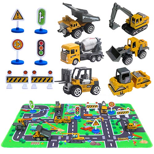 Product Cover Construction Vehicles Toys with Play Mat, 6 Construction Cars, 6 Road Signs and 15.5