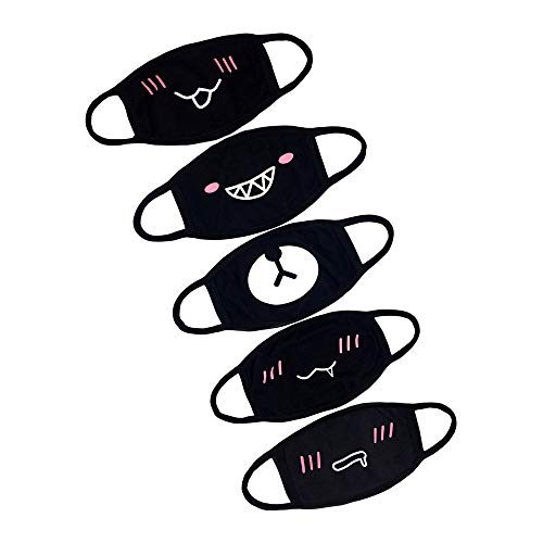 Product Cover 5-Pack Mouth Mask Unisex Cartoon Anime Cute Shape for kids Teens Men Women Lovers, Cotton Fashion Anti-Dust Half Face Mouth Mask for Boys and Girls (Black)