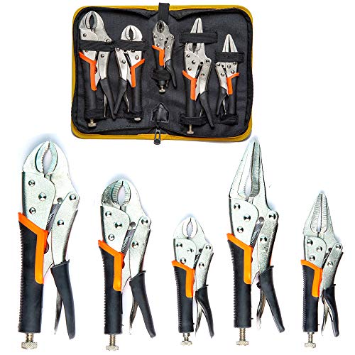 Product Cover KOTTO 5 Pack Set Locking Pliers Set, 5 Inch, 7 Inch and 10 Inch Curved Jaw Locking Pliers, 7 Inch and 9 Inch Long Nose Locking Pliers with Storage Bag