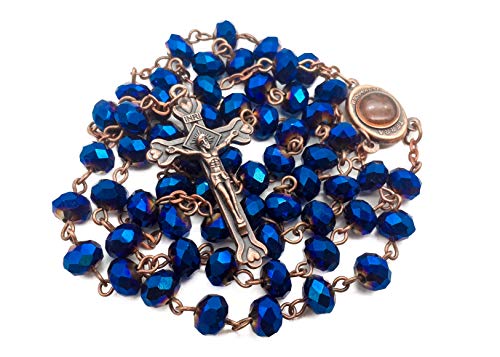Product Cover Nazareth Store️ Deep Blue rosary beads catholic necklace for men women glass beads Beautiful Christian prayer Jerusalem Soil Medal with Religious Cross, Sacred Holy Christian gifts - Velvet Pouch