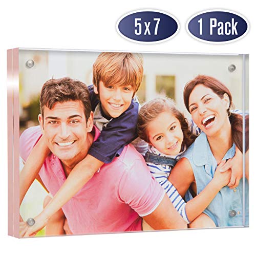 Product Cover Acrylic Picture Frame 5x7 with Rose Gold Edges - Double Sided Magnetic Photo Frame, 24 mm Thick Clear Picture Frame, 5 x 7 Inches Acrylic Frame, Modern and Self Standing for Desktop Display (1 Pack)