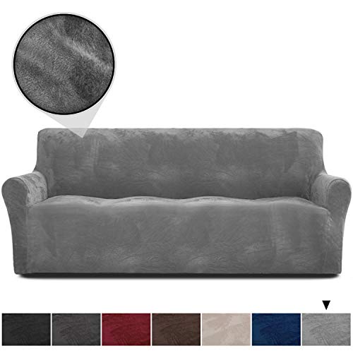 Product Cover Rose Home Fashion RHF Velvet-Sofa Slipcover,Stretch Sofa Cover, Slipcover for Leather Couch-Polyester Spandex Sofa Slipcover&Couch Cover for Dogs, 2-Piece Sofa Protector(Grey-Extra Wide Sofa)