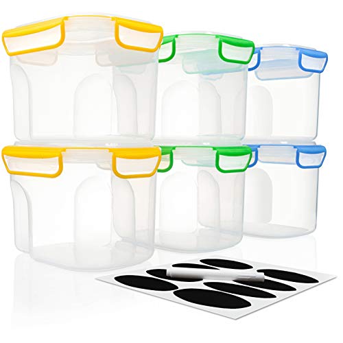 Product Cover 6 AirTight Food Storage Containers for Flour, Sugar, Rice - 53 ounces/1,56 liters - Kitchen Pantry Plastic Containers - Air Tight Canisters Set With Locking Lids - 8 Labels and Marker by MoyaMriya